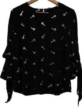 ERIN BLAIR Key Print Bell Sleeve Tie Cuff Blouse Gothic Novelty XL